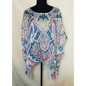 Chico's 100% Linen Poncho Pastel Paisley Boho Top Oversized Women's S/M